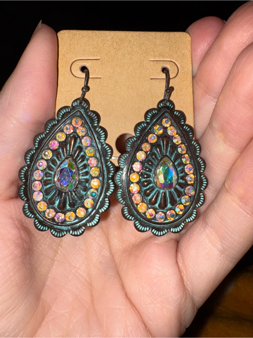 Teardrop Aura Crystal Statement Earrings - Turquoise Patina